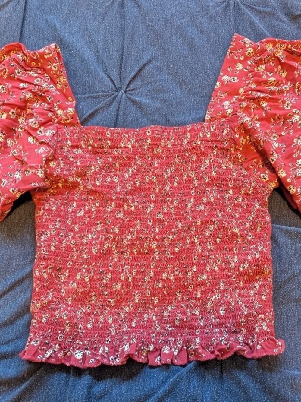 Japna Red Floral Smocked Puff-Sleeve Crop Top